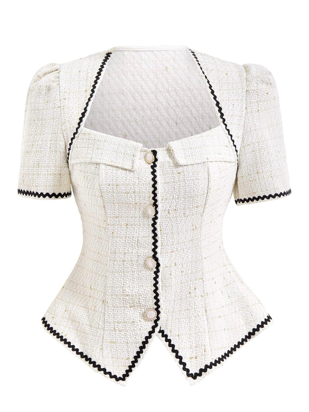 Ivory Tweed Peplum Top Black Trim Gold Buttons Size M NEW